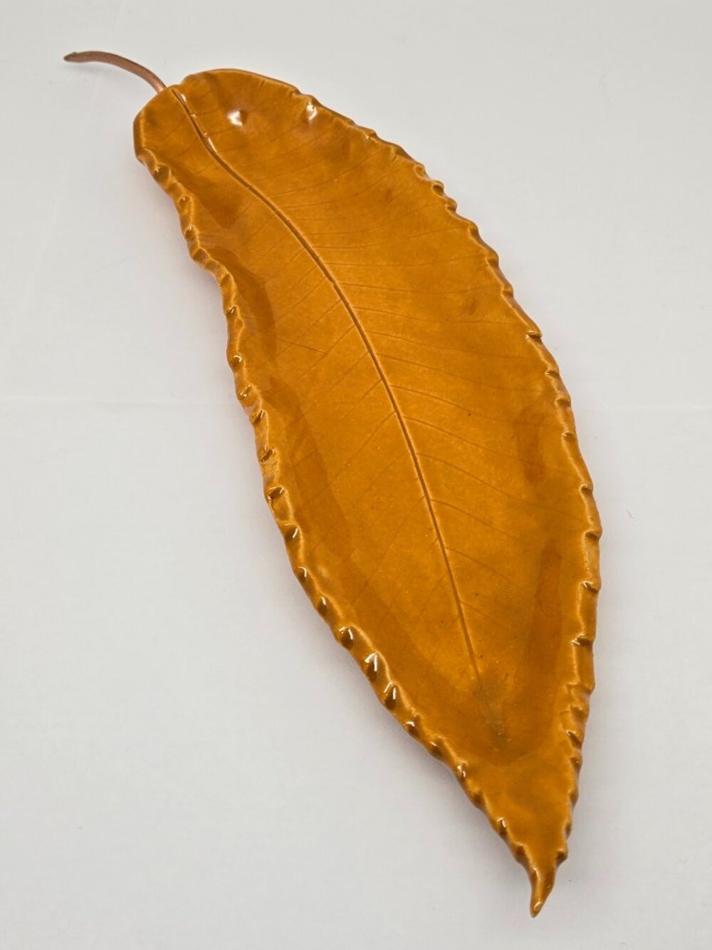 MJ Ceramic Pottery Elongated Orange Leaf Decor with Copper Stem